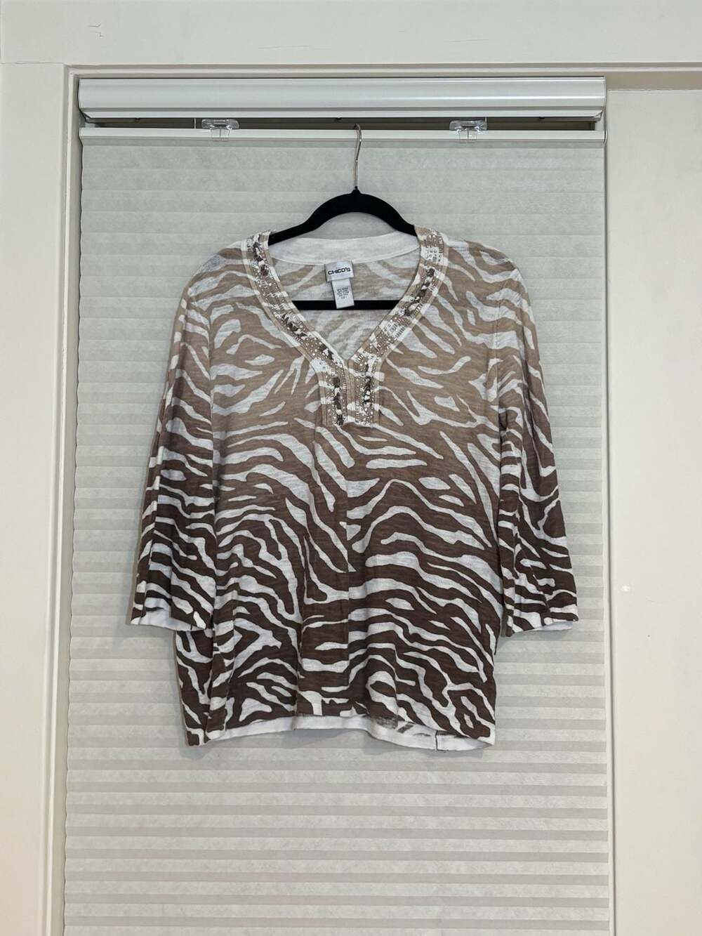 Chico's Ombre Zebra Tunic Top Size 1 Brown White Embellished Linen Cotton
